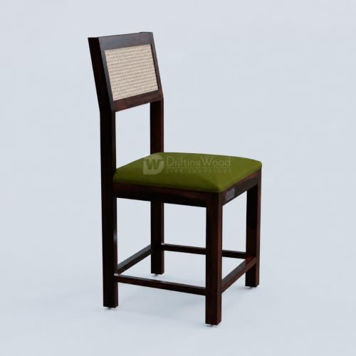 Image of DRIFTINGWOOD Amber Solid Sheesham Wood 6 Seater Dining Table Set with Rattan Back Chairs | Green Velvet Cushioned Seating for Home & Dining Room (Walnut Finish, DIY)