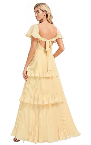 Women's Pleated Tiered Chiffon Bridesmaid Dresses Long Short Sleeve Formal Evening Party Dress with Pocket HO0672