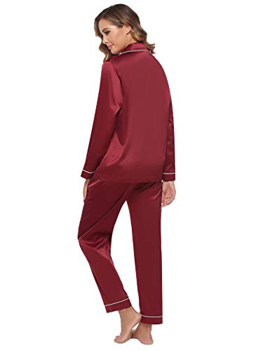 Aibrou Women's Satin Pajamas Set Long Sleeve and Long Button-Down Sleepwear Loungewear Red