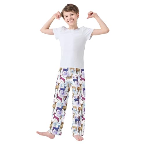 Moose Snowflake Watercolor Boys Long Pants Soft Trousers Elastic Waist Kids Lounge Bottoms with Pockets S-XL2