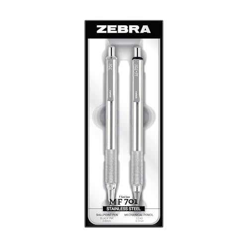 Zebra Pen M/F 701 Stainless Steel Mechanical Pencil and Ballpoint Pen Set, Fine Point, HB Lead and Black Ink, Ideal for Tactical Use, 2-Pack Gift Set (10519)