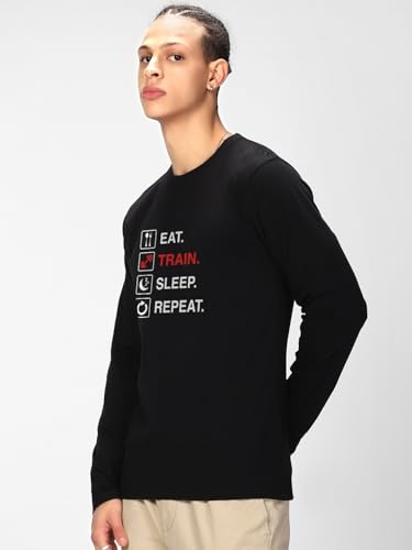 Image of Bewakoof Men Typography Regular Fit Full Sleeve Round Neck Pure Cotton T-Shirt