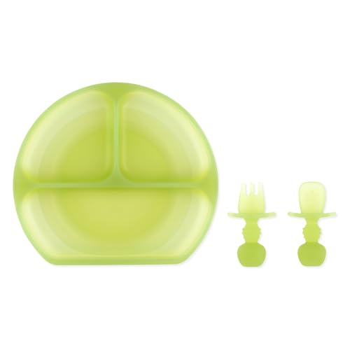 Bumkins Silicone Grip Dish 3-Section & Silicone Training Chewtensils, Jelly Green