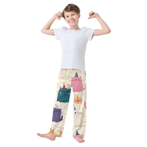 Birthday Cat Print Boys Long Pants Soft Trousers Elastic Waist Kids Lounge Bottoms with Pockets S-XL3