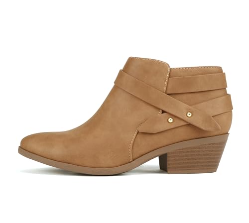 Soda SWEETEN Women's Fashion Closed Toe Multi Strap Ankle Bootie Block Heel (Tan Nubuck, wide numeric_9)