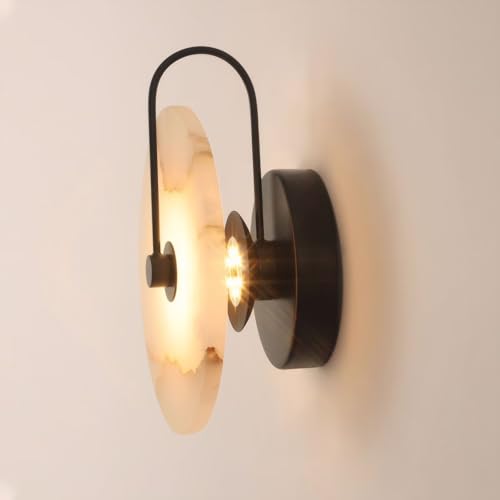 DESHOME Applique Decorative, Lampada da Parete Moderna in Marmo LED Lampada Rotonda Pietra Naturale per Interni 3000K Facile Illuminazione da Parete per Camera Letto Soggiorno Corridoio, Nero 16cm