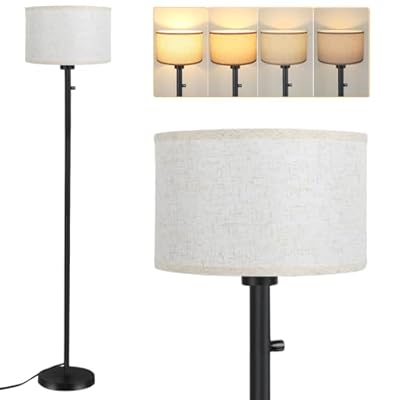Floor Lamps for Living Room, Stepless Dimmable Standing Lamp, Modern Floor Lamp with Rotary Switch, Beige Linen Shade, 9W Led Bulb Included(1000LM,2700K), Tall Lamp for Bedroom, Office, Farmhouse