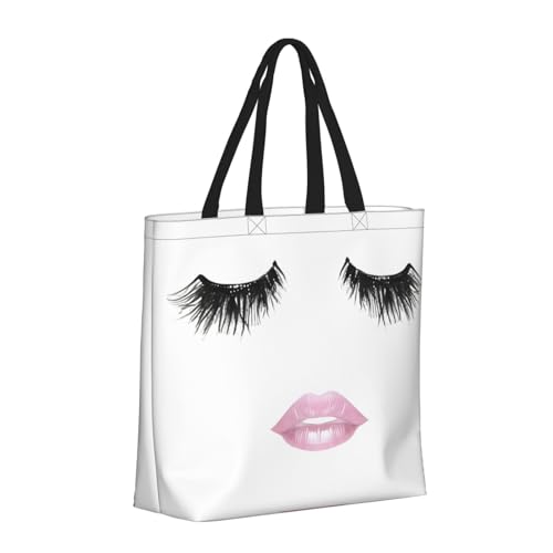 Eyelash Lip White Print Tote Bags, Large Capacity Zipper Shoulder Bag, For Shopping, Work, Daily2