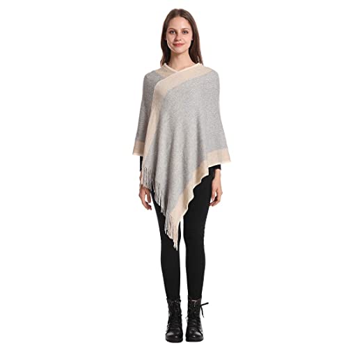 Image of Women's Elegant Knitted Shawl Poncho with Fringed V-Neck Striped Sweater Pullover Cape Gifts for Women Mom