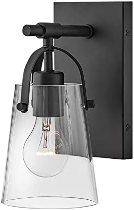 Hinkley Foster Medium Single Light Bath Wall Sconce, Clear Glass Tapered Shade, Arched Handle, Install Up/Down, Black Finish