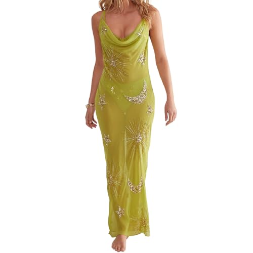 Muineobuka Women Sequin Sheer Mesh Cover Up Dresses See Through Rhinestone Glitter Beach Dresses Bikini Swim Coverups C Green