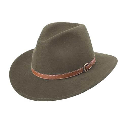 Bigalli Adventure Hat 100% Wool Felt for Women/Men Center Dent Shape with Genuine Leather Details Crushable Waterproof | Wide Brim | Safari Cowboy Cowgirl Hat | Moss X Large