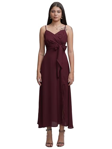 Image of Tokyo Talkies Women's Maxi Length | Strappy Design | High Slit | Flowy Silhouette Glamorous | Bold Thigh-High Slit for Effortless Elegance