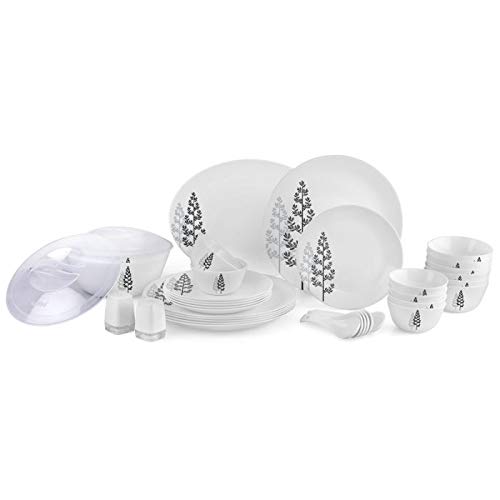 Cello Opalware Zarah Winter Pine Dinner Set (White) Pack of 37 Pcs