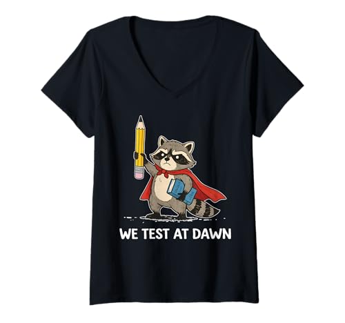 Women's We Test At Dawn Raccoon Funny Test Day Teacher School V-Neck T-Shirt