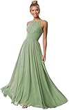 Clothfun Women's Empire Waist Halter Bridesmaid Dress Sage Green Long 2026 Party Gowns for Teens Chiffon Ruched Maxi Dresses 10