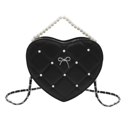 Heart Shape Purse for Women Quilted Crossbody Bag with Pearl Handle Leather Handbag Hearted Crossbody with Chain Strap