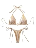 GORGLITTER Women's 2 Piece Metallic Rhinestone Swimsuits Halter Triangle Bikini Sets Sexy Tie Side Beach Bathing Suits Gold Large