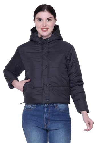 Image of SANE ORIGINALS Hooded Winter Jacket for Women in Full Zipper || Stylish Semi Crop Warm Jacket for Women Winter Wear with Hood ||