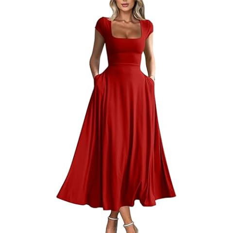 YMDUCH Women's Casual Short Sleeve Square Neck Solid Slim Flowy Maxi Dress with Pockets Red Cover