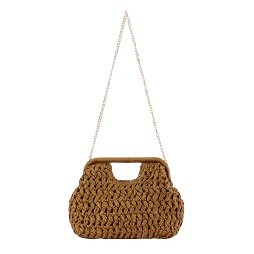 WIGUYUN Women's Straw Evening Clutch Purse Fashion Woven Clutch Handbag Crossbody Bag Purse with Chain for Vacation,Holiday,Brown