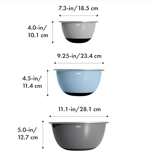 OXO Good Grips 3-Piece Stainless Steel Mixing Bowl Set - Blue/Gray, 4.7L, Multi Size