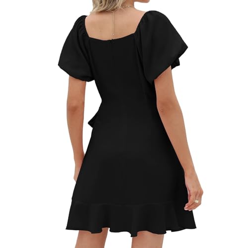 Mini Dresses for Women Cute Dresses Squared Neck Short Sleeve Sundress Tie Waist Pleated Ruffle Hem Elegant Dress2