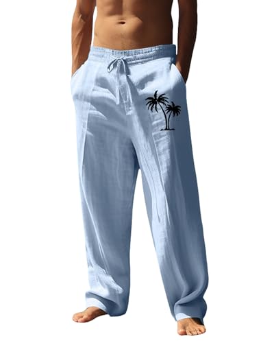 Men's Linen Pants Coconut Tree Print Summer Fall Wide Leg Casual Drawstring Hawaiian Beach Trousers with Pockets