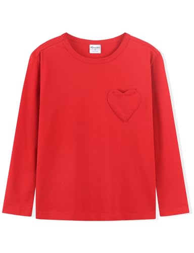 Noomelfish Girls Long Sleeve Heart Pocket T-Shirts Casual Cotton Tee Tops Blouse (5-12 Years)