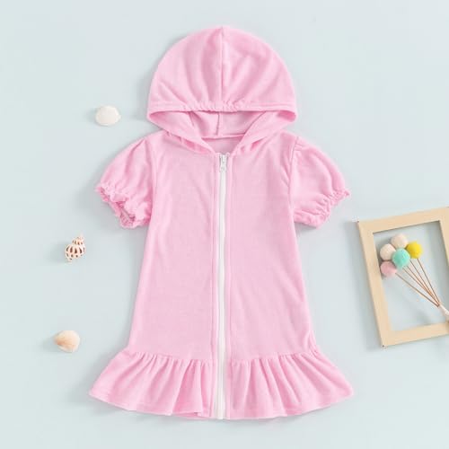 Image of Girls Swim Cover Up Kids Short Sleeve Swimsuit Coverups Terry Zip-Up Hoodies Beach Dress Ruffle Bathing Suit Wraps