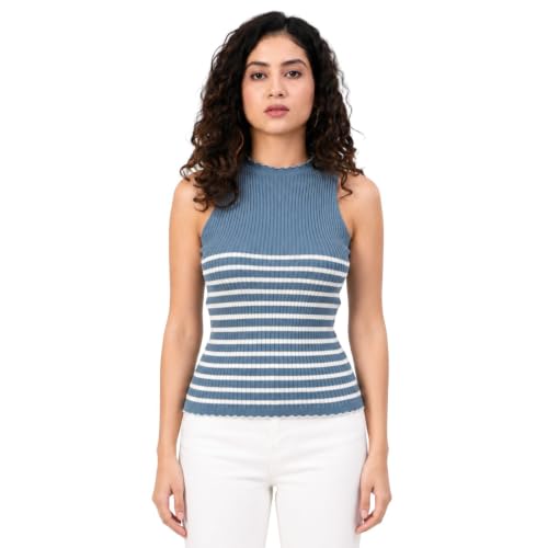 Image of Kalt Womens Knitted, Ribbed Cotton Fitted Sleeveless Round Neck Cami Tank Top