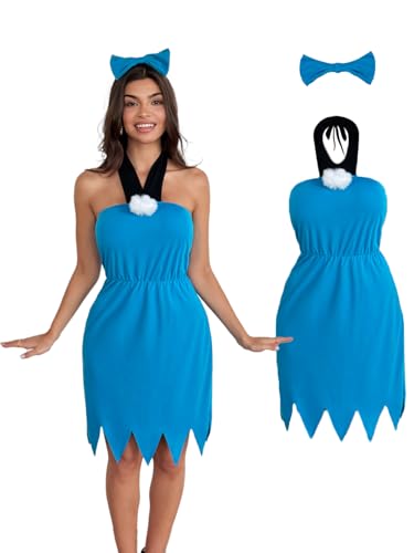 Laqeyko Womens Cavewoman Costume Adult Blue Halter Sleeveless Dress for Halloween, with Blue Bow Hair Clip, Medium LA258-M