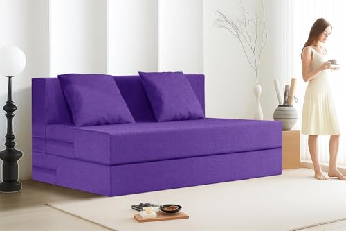 Image of Rosebell Two-Person Jute Sofa Cum Bed | Compact & Lightweight | Removable Washable Cover- Including 2 Cushion | 4x6 Ft Size | Home or Office - Purple Color