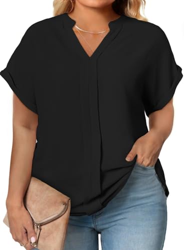 Eytino Plus Size Tops for Women Casual Loose V Neck Ruffle Short Sleeve Blouse Work Shirts,4X Black