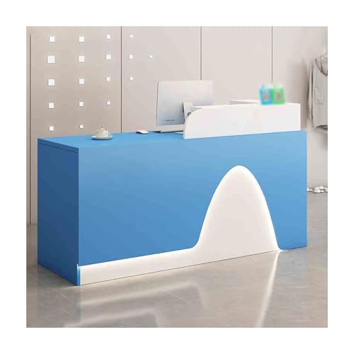 Moderno escritorio de recepción, mostrador frontal ajustable con cajón con cerradura, elegante mostrador de oficina y venta al por menor (blanco/azul izquierdo, 100 cm)