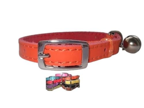 Leather cat collar, safety elastic, bell, metal buckle (Orange)
