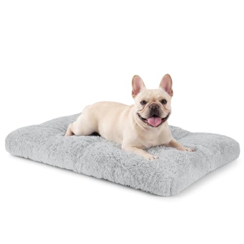 JOEJOY Dog Bed Crate Pad, Deluxe Plush Washable Dog Beds Fulffy Soft Kennel Pad Anti-Slip Pet Sleeping Mat for Medium Small Dogs, 29" x 21", Grey