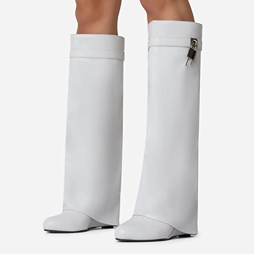 Image of Knee High Boots Womens Wedge High Heels Shark Boots Fold Over Pull-on Pointed Toe Tall Fashion Boots for Women