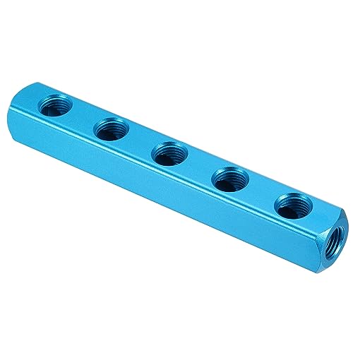 PATIKIL 5 Way 8 Port Air Manifold, G1/4 Inch Aluminum Air Hose Inline Manifold Block Splitter Pneumatic Air Hose Fitting, Blue