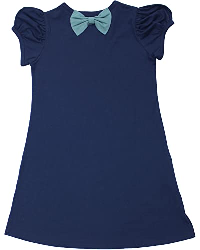 [Bee] ビー 半袖ワンピース デザインワンピース ガールズ 女の子 キッズ 半袖 ワンピ シンプル 無地 フリル リボン Aライン 春 夏 120cm ネイビー×後ブルーリボン