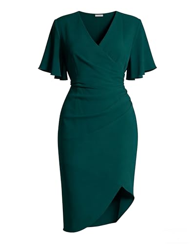 Image of Women's Wrap V Neck Asymmetrical Hem Midi Ruched Cocktail Evening Dress | Back Zipper, Regular Fit, Club Night, Semi Office Formal, Wedding Dinner Date, Flutter Short Sleeve