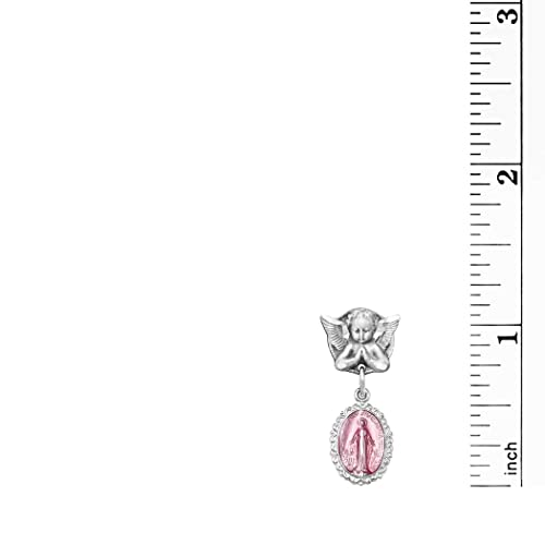 Image of Rosemarie's Religious Gifts Petite Angel Pin with Sterling Silver Enameled Oval Miraculous Medal of Mary