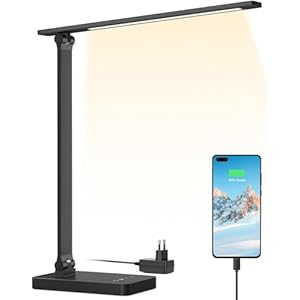 Lepro Lámpara Escritorio LED, Flexo LED Escritorio 15W, Lámpara de Mesa Puerto Carga USB, 655LM 3 Color y 5 Nivel de Brillo Regulable, Luz Mesa Cuidado de Ojos para Cama, Oficina, Estudiar, Negro