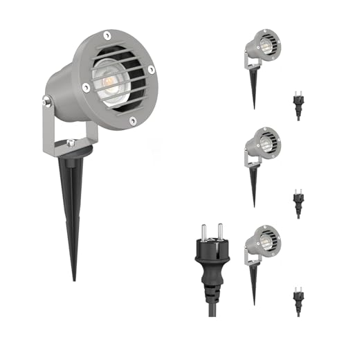 ledscom.de Foco de jardín DUK de 4 LEDs, rejilla, con piqueta de tierra para exteriores, gris, IP65, incl. lámpara GU10 (blanco cálido, 7,6W, 1103lm, 33°)