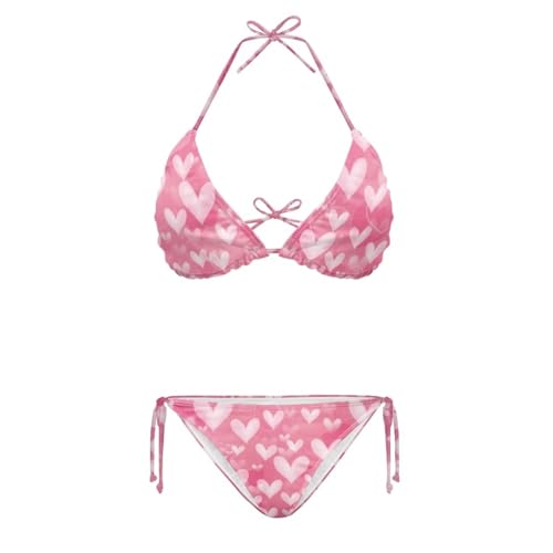 Suhoaziia Pink Hearts Two-Piece Swimsuit Set for Women Plus Size Tie Side Triangle Bikini Swimsuits Valentine's Day Halter Thong Bikini Summer Beach Swimwear