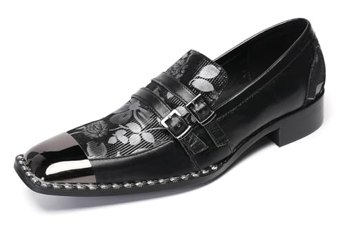 Santimon Men's Dress Wedding Penny Loafers - Leather Western Shoes Slip-Ons with Buckles & Metal Square Toe for Disco & Party