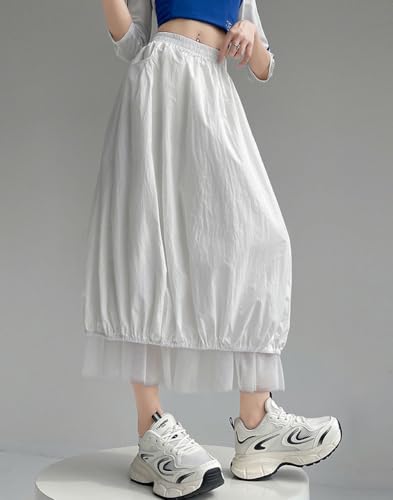 chouyatou Women's Y2k Baggy Parachute Skirt Casual Elastic Waist Mesh Spliced Bubble Puffy Long Skirt with Pockets2