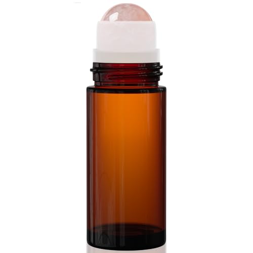 PrettyCare Rose Quartz Roller Bottle for Castor Oil 50ml Refillable Amber Glass Roll On Bottle with Natural Rose Quartz Roller Ball Leak-Proof Roller Ball Applicator for Essential Oils Perfume