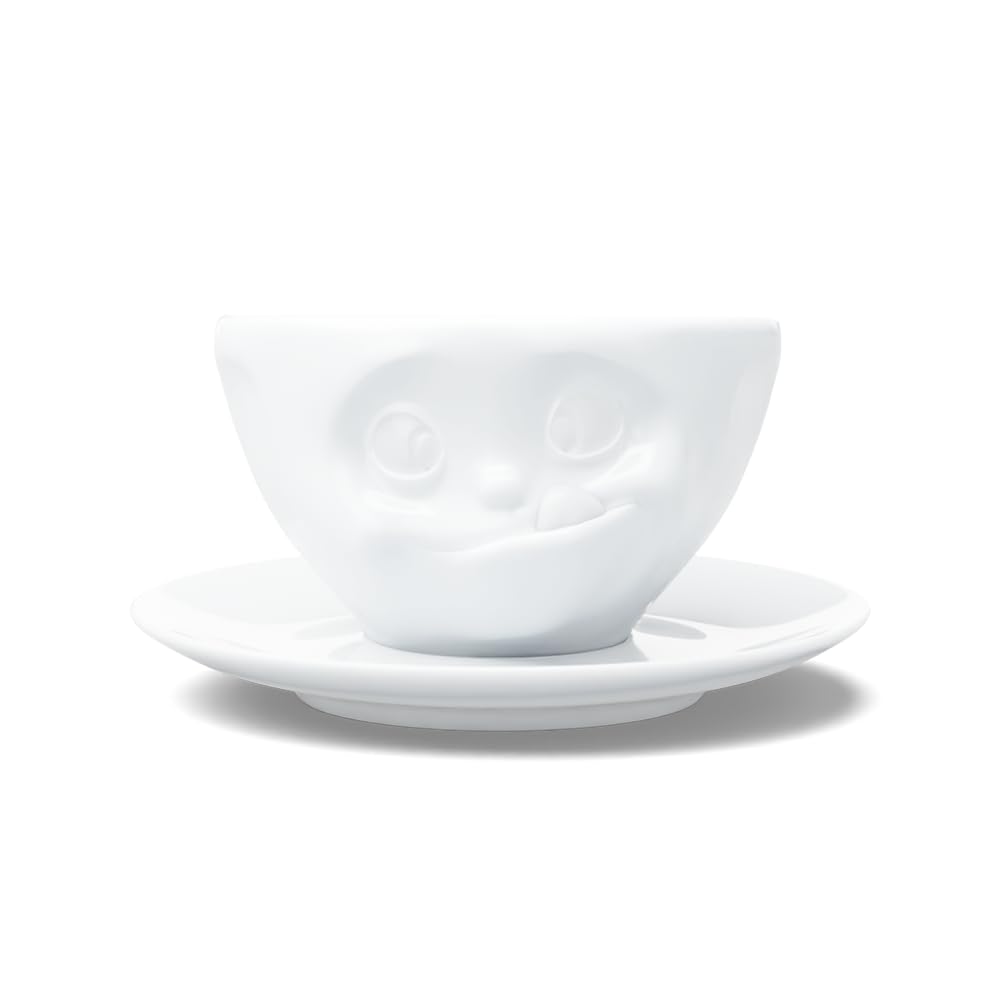 FIFTYEIGHT PRODUCTS TASSEN Porcelain Coffee Cup with Saucer, Tasty Face Edition, 6.5 oz. White (Single Cup & Saucer)