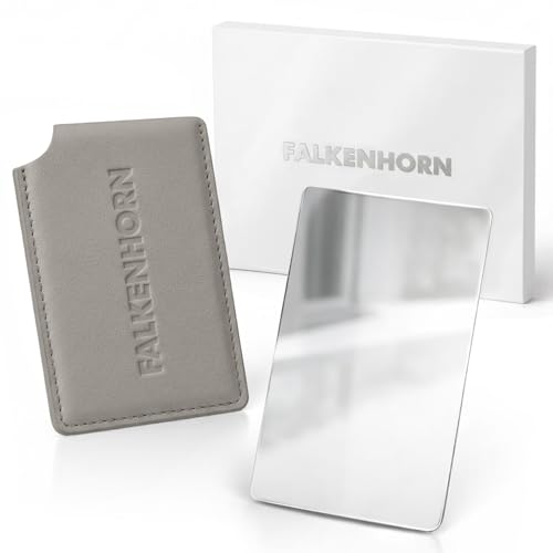 Falkenhorn Handspiegel klein inkl. Schutzhülle Taschenspiegel aus Edelstahl im Kreditkartenformat Kosmetikspiegel/Schminkspiegel für Handtasche & Reise 8 5 x 5 5 cm - Grau 1er